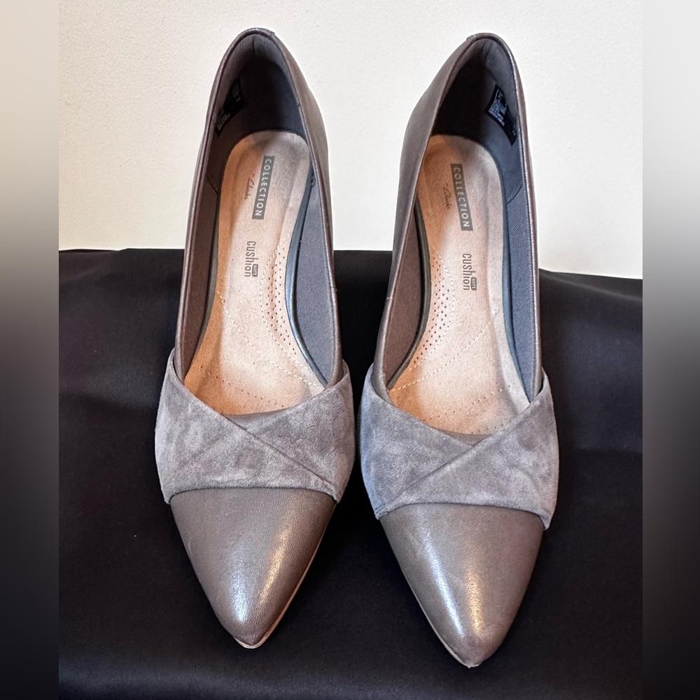 Clarks heels. Gray suede and leather size 9.